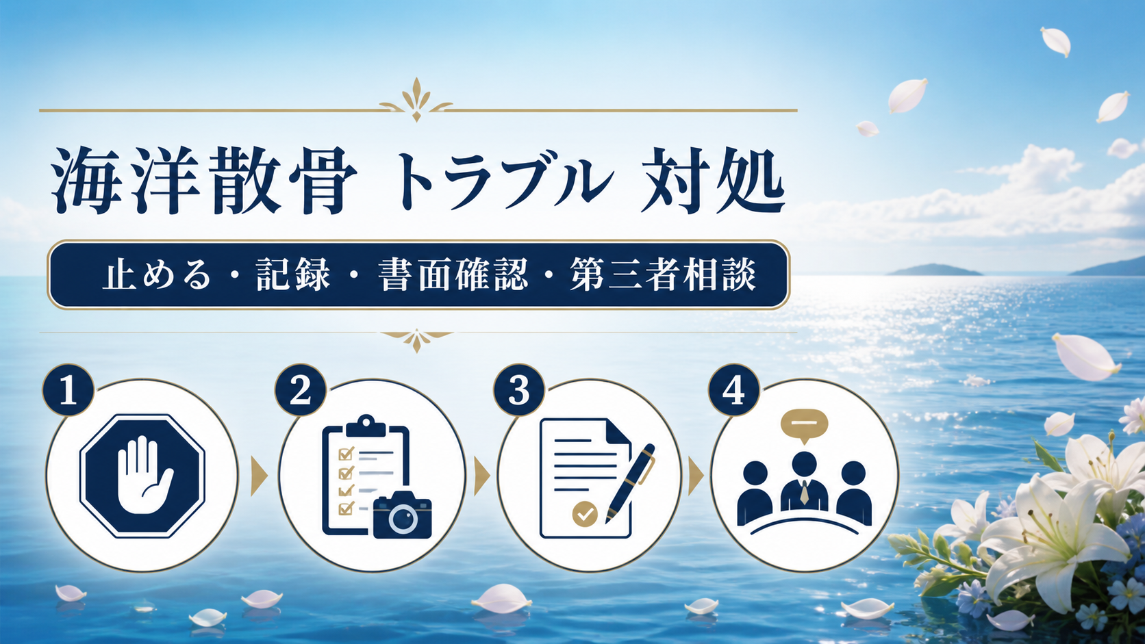 海洋散骨のトラブル対処は止める・記録・書面確認・第三者相談の順