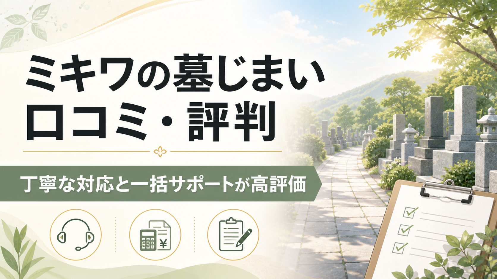 ミキワの墓じまいの口コミ・評判と丁寧な対応、一括サポートを示すアイキャッチ