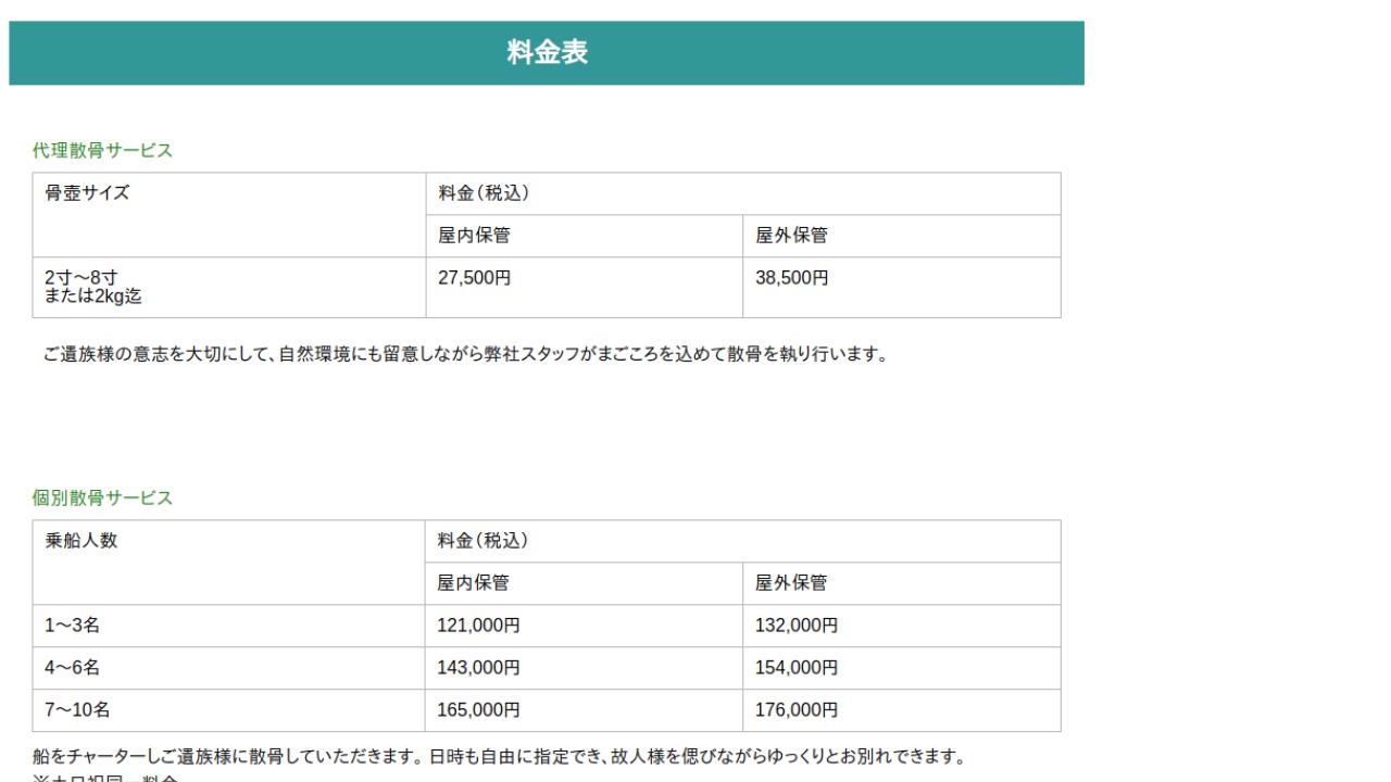 ミキワ公式サイトの海洋散骨料金表