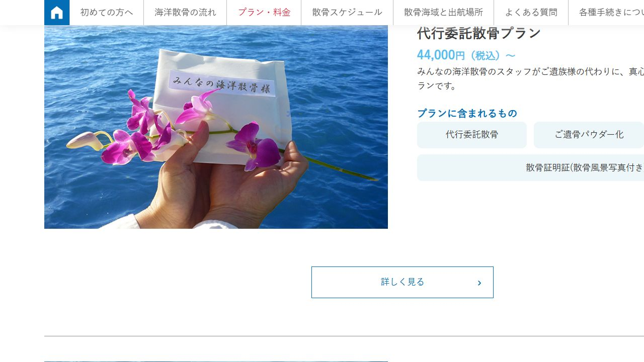 みんなの海洋散骨公式サイトに掲載された代行委託散骨44,000円からの料金とプラン内容